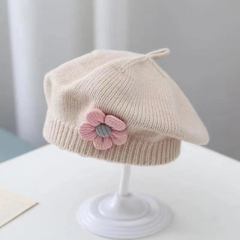 Flower Baby Beret Hat – Winter Warm Knitted Beanie Cap for Infant Girls