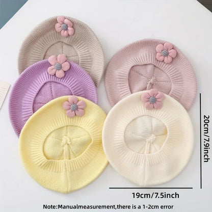 Flower Baby Beret Hat – Winter Warm Knitted Beanie Cap for Infant Girls