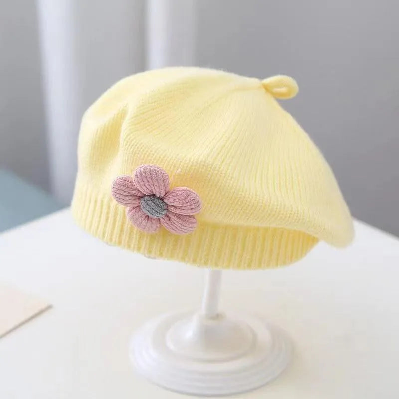 Flower Baby Beret Hat – Winter Warm Knitted Beanie Cap for Infant Girls