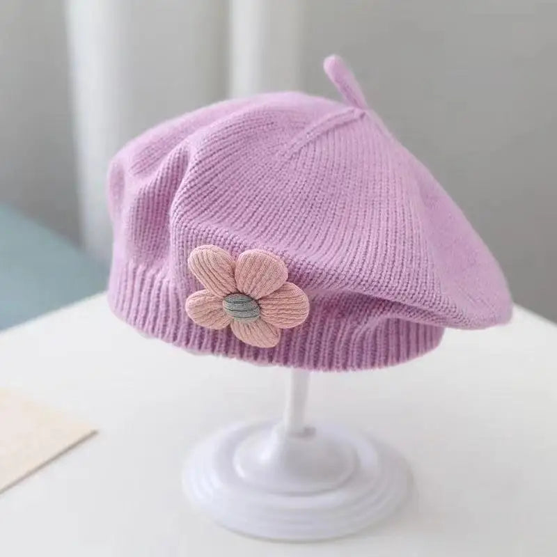 Flower Baby Beret Hat – Winter Warm Knitted Beanie Cap for Infant Girls