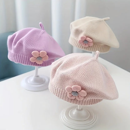 Flower Baby Beret Hat – Winter Warm Knitted Beanie Cap for Infant Girls